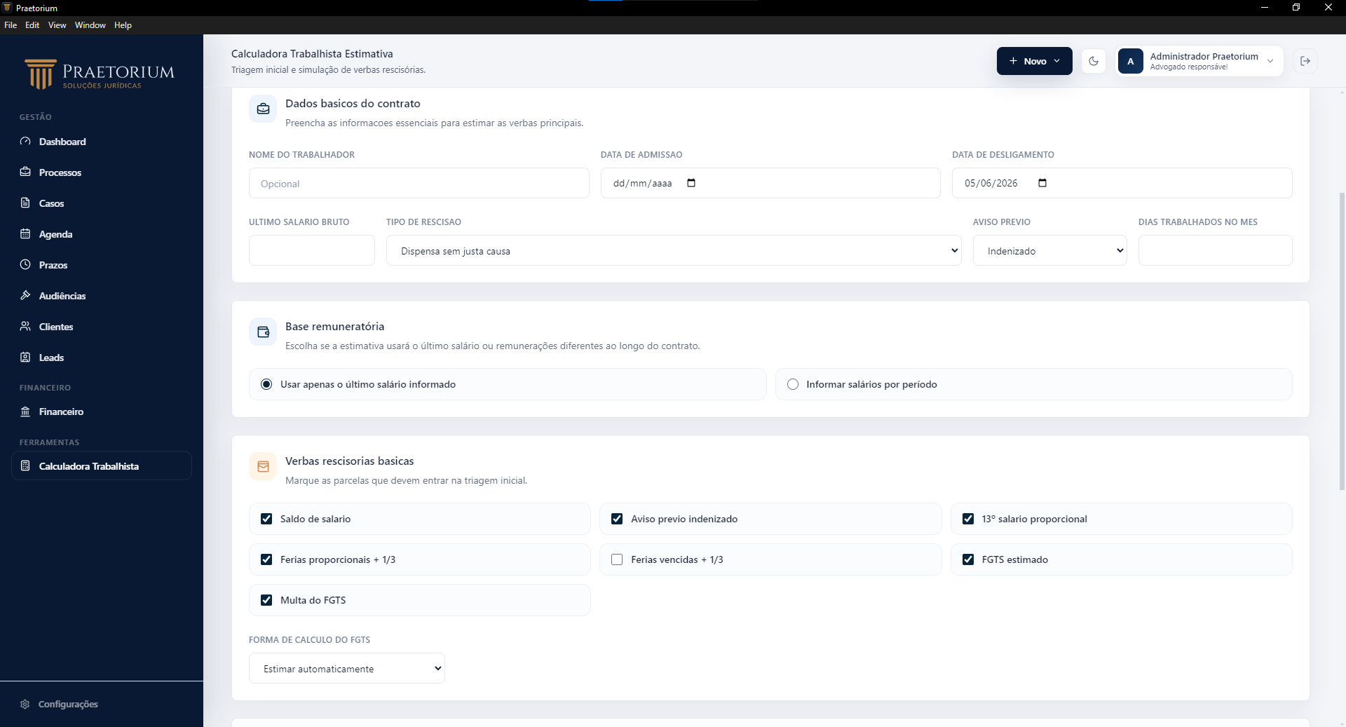 Calculadora Trabalhista Estimativa do Praetorium Desktop